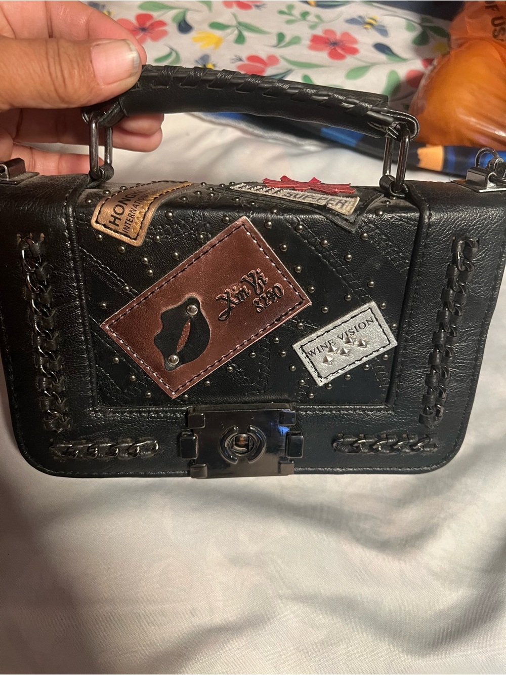 Black Embellished Patch Detail Top-Handle Women’s Bag